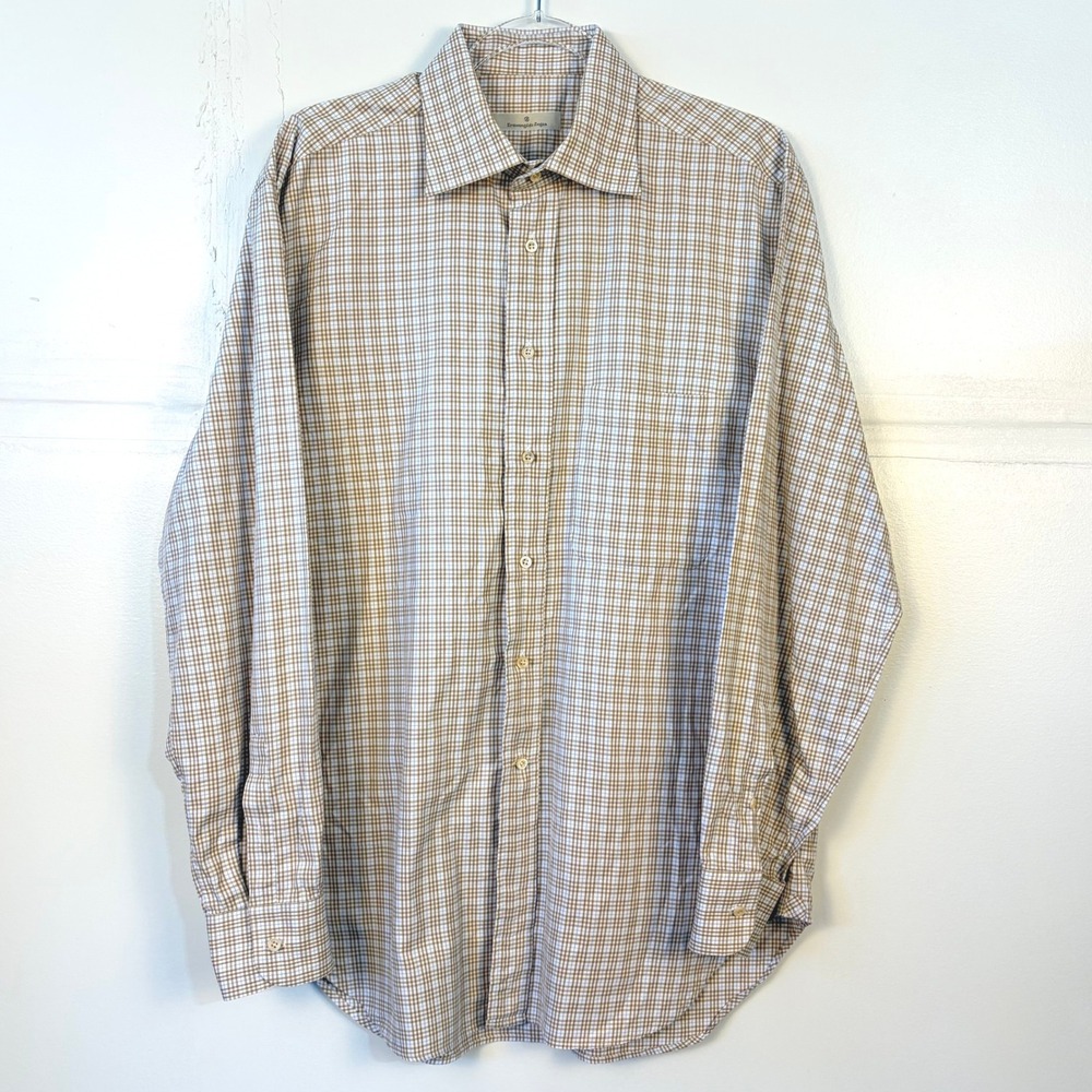 Ermenegildo Zegna Mens Tan Blue Check Cotton Button Down Shirt 42 16.5
